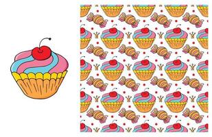 Cupcake, muffin. Set of element and seamless pattern vector