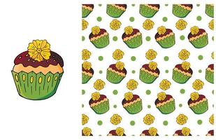 Cupcake, muffin. Set of element and seamless pattern vector