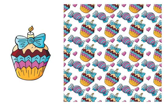 Cupcake, muffin. Set of element and seamless pattern vector