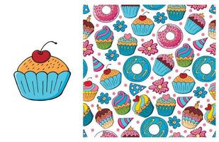 Cupcake, muffin. Set of element and seamless pattern vector