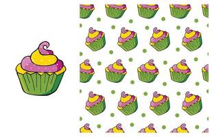 Cupcake, muffin. Set of element and seamless pattern vector