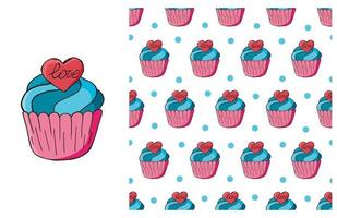 Cupcake, muffin. Set of element and seamless pattern vector