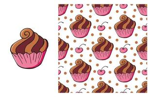 Cupcake, muffin. Set of element and seamless pattern vector