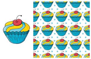 Cupcake, muffin. Set of element and seamless pattern vector