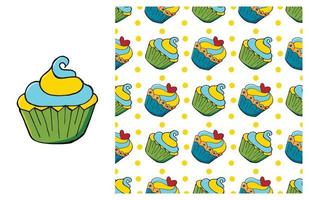 Cupcake, muffin. Set of element and seamless pattern vector