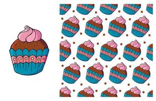 Cupcake, muffin. Set of element and seamless pattern vector