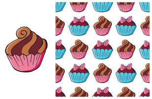 Cupcake, muffin. Set of element and seamless pattern vector