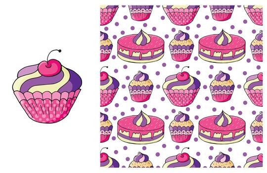 Cupcake, muffin. Set of element and seamless pattern vector