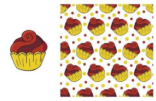 Cupcake, muffin. Set of element and seamless pattern vector