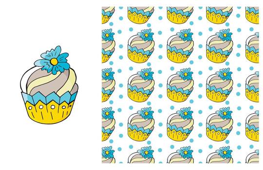 Cupcake, muffin. Set of element and seamless pattern vector