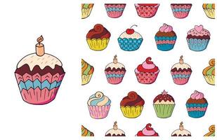 Cupcake, muffin. Set of element and seamless pattern vector