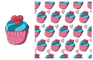 Cupcake, muffin. Set of element and seamless pattern vector