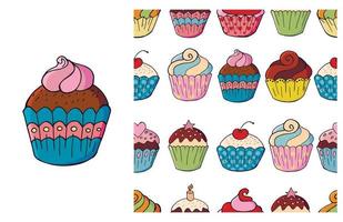 Cupcake, muffin. Set of element and seamless pattern vector