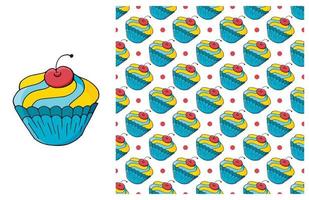 Cupcake, muffin. Set of element and seamless pattern vector