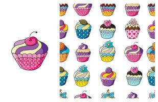 Cupcake, muffin. Set of element and seamless pattern vector