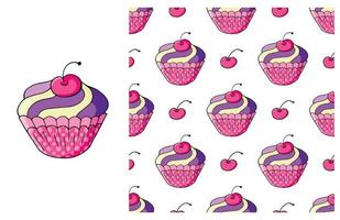 Cupcake, muffin. Set of element and seamless pattern vector