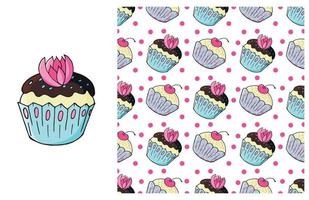 Cupcake, muffin. Set of element and seamless pattern vector