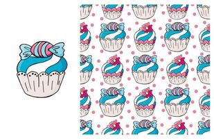 Cupcake, muffin. Set of element and seamless pattern vector