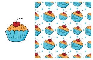 Cupcake, muffin. Set of element and seamless pattern vector