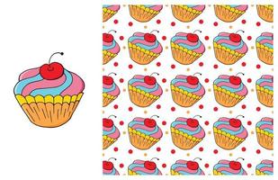 Cupcake, muffin. Set of element and seamless pattern vector