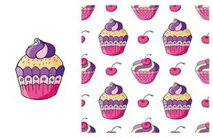 Cupcake, muffin. Set of element and seamless pattern vector