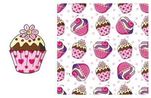 Cupcake, muffin. Set of element and seamless pattern vector