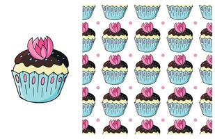 Cupcake, muffin. Set of element and seamless pattern vector