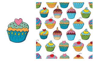 Cupcake, muffin. Set of element and seamless pattern vector