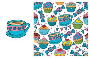 Cupcake, muffin. Set of element and seamless pattern vector