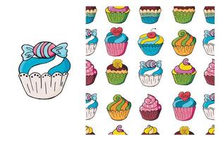 Cupcake, muffin. Set of element and seamless pattern vector