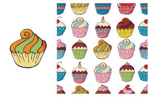 Cupcake, muffin. Set of element and seamless pattern vector