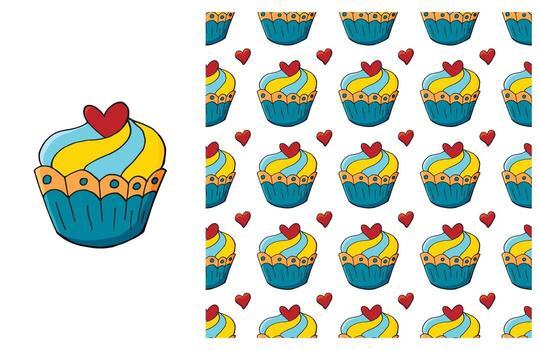 Cupcake, muffin. Set of element and seamless pattern vector