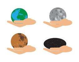 planets and satellites in hands on white vector