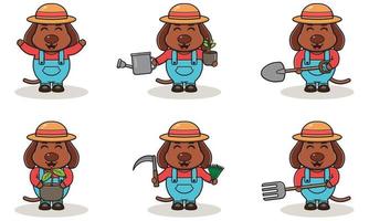 Cute Dog farmer character design with straw hat vector