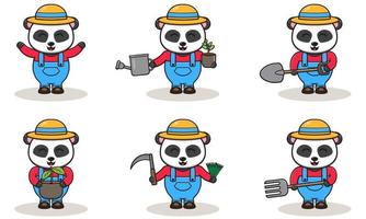 lindo diseño de personaje de granjero panda con sombrero de paja. vector