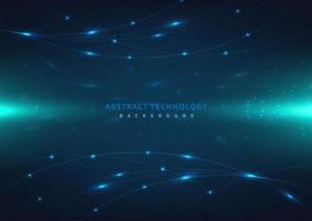 Abstract technology futuristic digital concept laser curved lines pattern with lighting glowing particles on dark blue background. vector