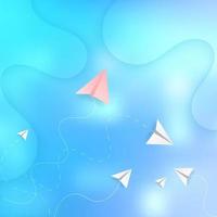 Pink and white paper plane on blue sky background. vector
