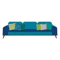 sofá largo azul suave con almohadas multicolores con patrones vector