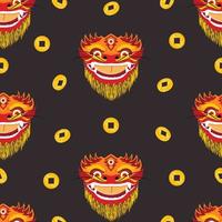 Seamless pattern with the head of a red chinese dragon and a lucky coin with a hole on a dark background in cartoon style vector
