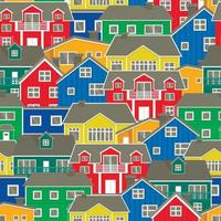 Conjunto de casas coloridas noruegas patrón de vector transparente dibujado a mano. casas de campo envueltas, diseño de estilo rústico. fondo de la ciudad norteña. papel pintado decorativo imprimible