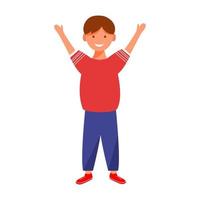 Happy boy flat vector illustration. Smiling standing male child. Cute cheerful preschooler. Positive emotions. Joyful kid hold hands up isolated cartoon character on white background