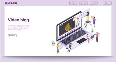 Video blog web page vector template with isometric illustration