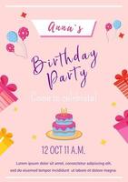 Girl birthday party brochure template. Flyer, booklet, leaflet concept with flat illustration. Vector page cartoon layout for magazine. Anniversary celebration invitation on pink background