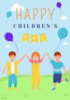 Happy childrens day greeting card flat vector template. Boys and girl playing outdoor. Kids holiday celebration postcard design layout. Poster, banner, print with cartoon characters and lettering