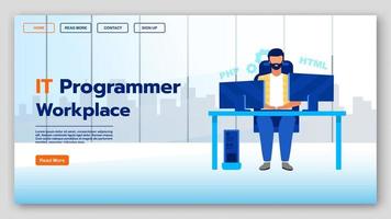 IT programmer workplace landing page vector template. Software development company website interface idea with flat illustrations. Developer courses homepage layout. Programming web banner concept