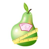 Ripe pear in dietary nutrition flat vector illustration. Cartoon green fruit with flexible measuring tape and scales isolated on white background. Vegetarian diet ingredient leading to body mass loss