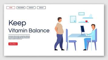 Keeping vitamin balance landing page vector template. Doctor consulting patient website interface idea with flat illustrations. Healthy nutrition homepage layout. Web banner, webpage cartoon concept