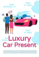 Luxury car present poster template layout. Couple choose sport automobile. Auto leasing. Banner, booklet, leaflet print design. Vector brochure page layouts for magazines, advertising flyers