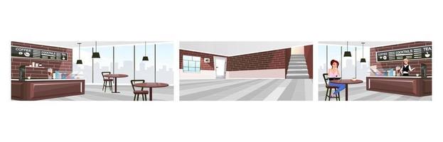 Cafe with panoramic view flat vector illustrations set. Coffeehouse guest and barista at counter offering drinks cartoon characters. Stylish restaurant with vintage brick walls and wooden furniture