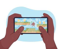 Playing games on smartphone 2D vector isolated illustration